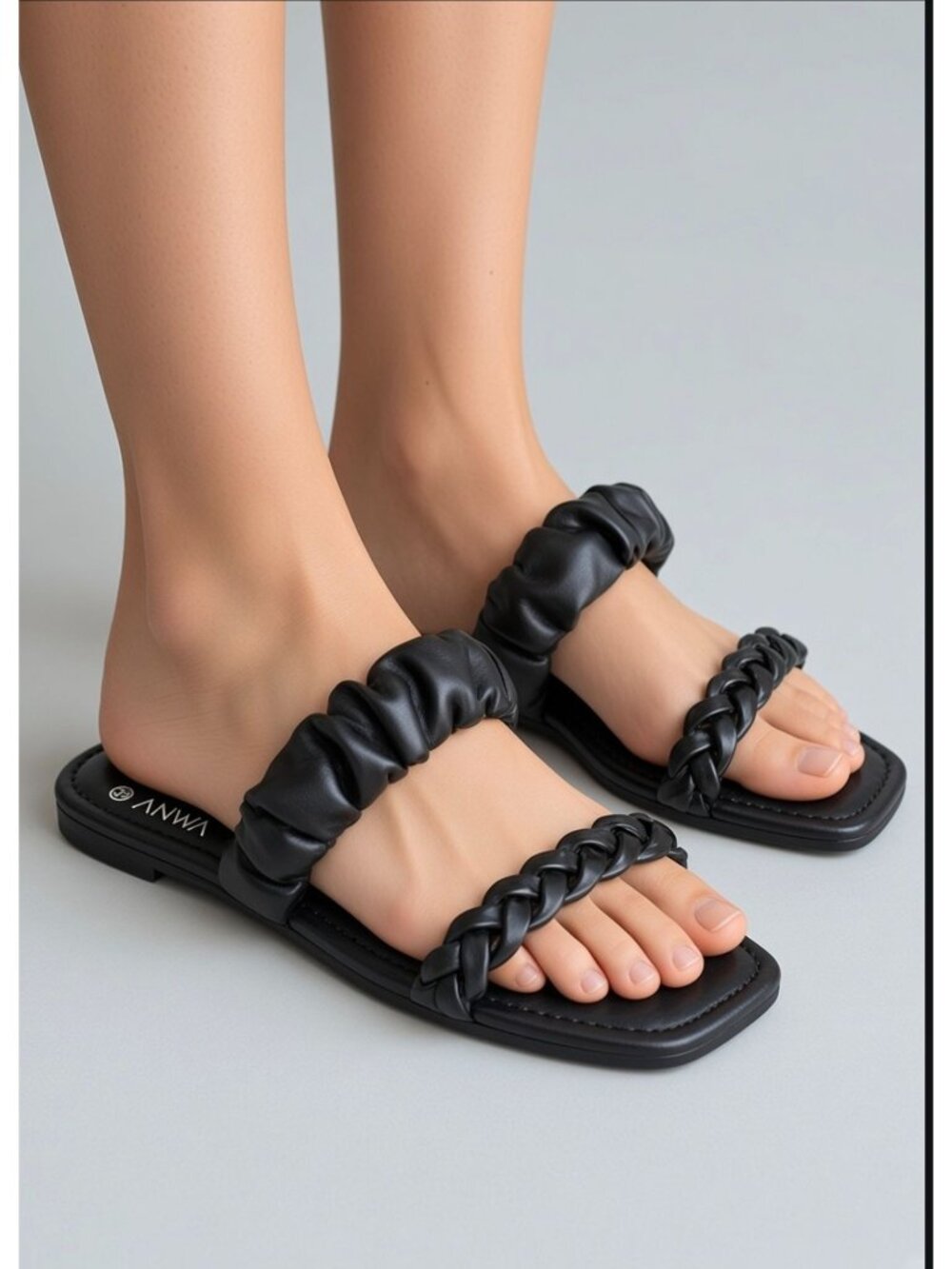 Black Braided Ruched Strap Slide Sandals Square Toe Flats - Picture 3 of 4